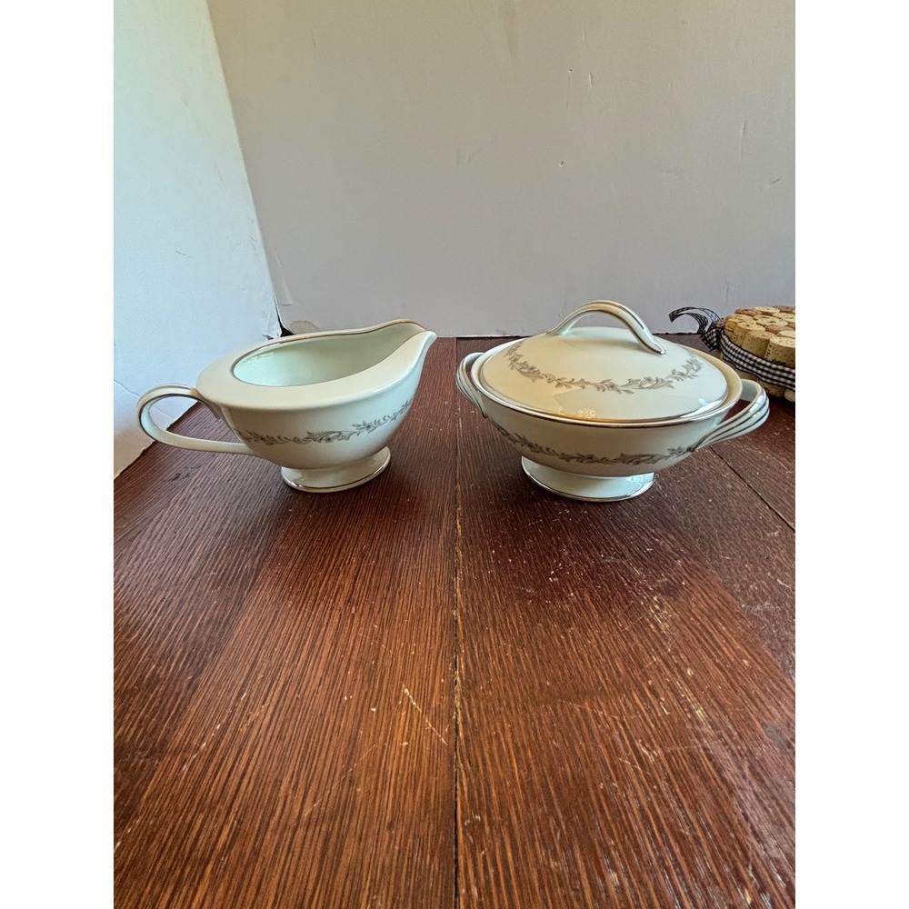 Noritake China Crestmont 6013 Creamer and Lidded Sugar Bowl Set Grey Floral Trim
